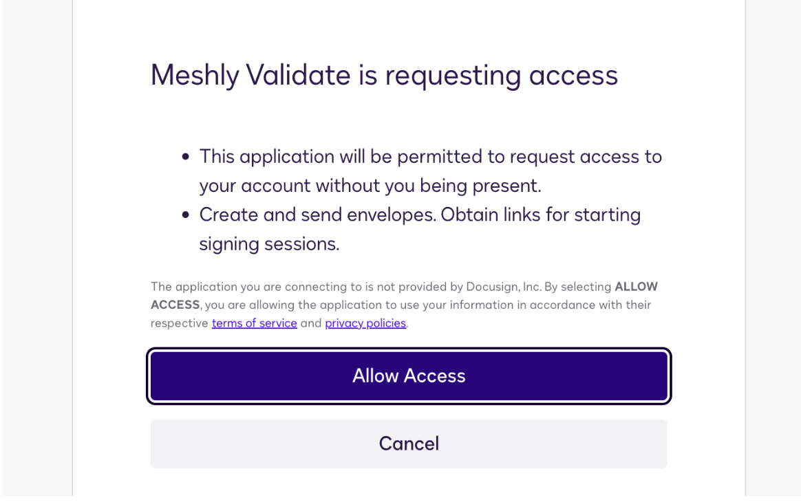 DocuSign permission pop-up: Meshly Validate is requesting access, Allow Access