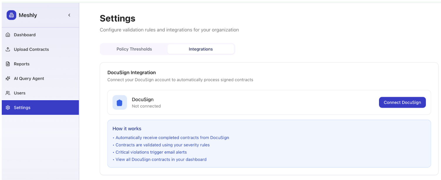 Meshly Settings Integrations tab, DocuSign, Connect DocuSign button
