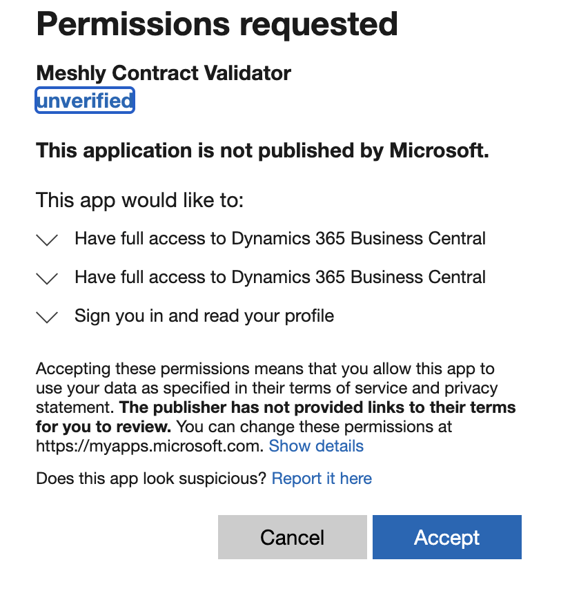 Microsoft authorization screen granting Dynamics access