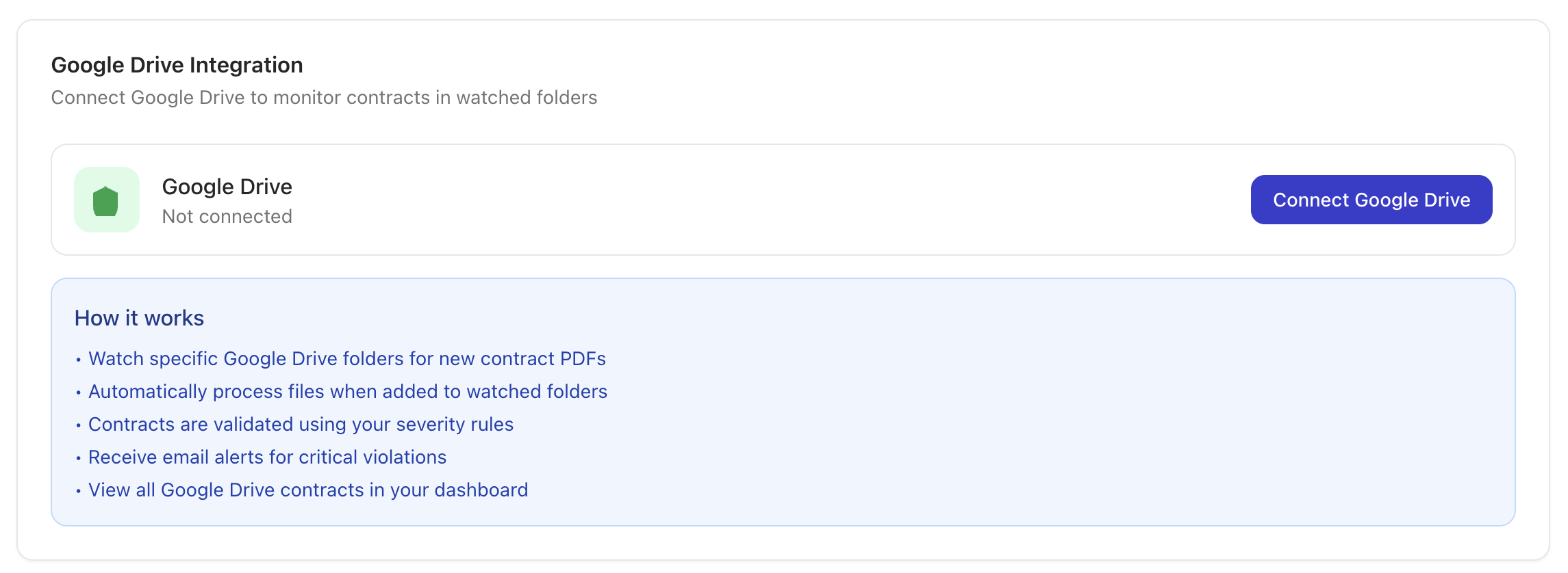 Meshly Settings Integrations tab showing Google Drive connect option