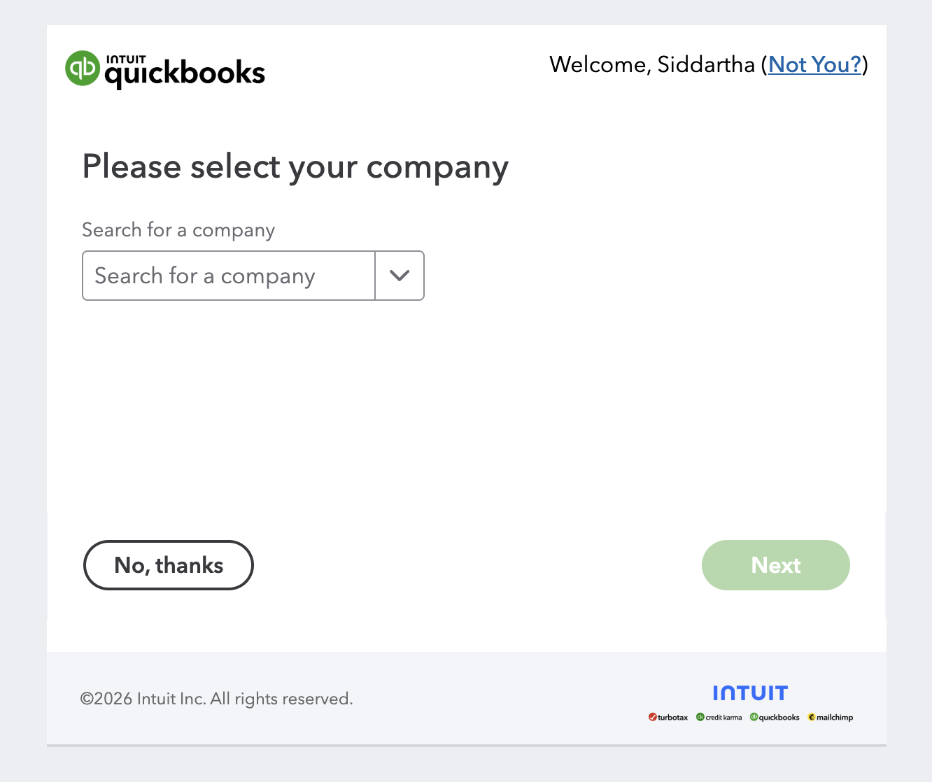 QuickBooks company selection screen during connection
