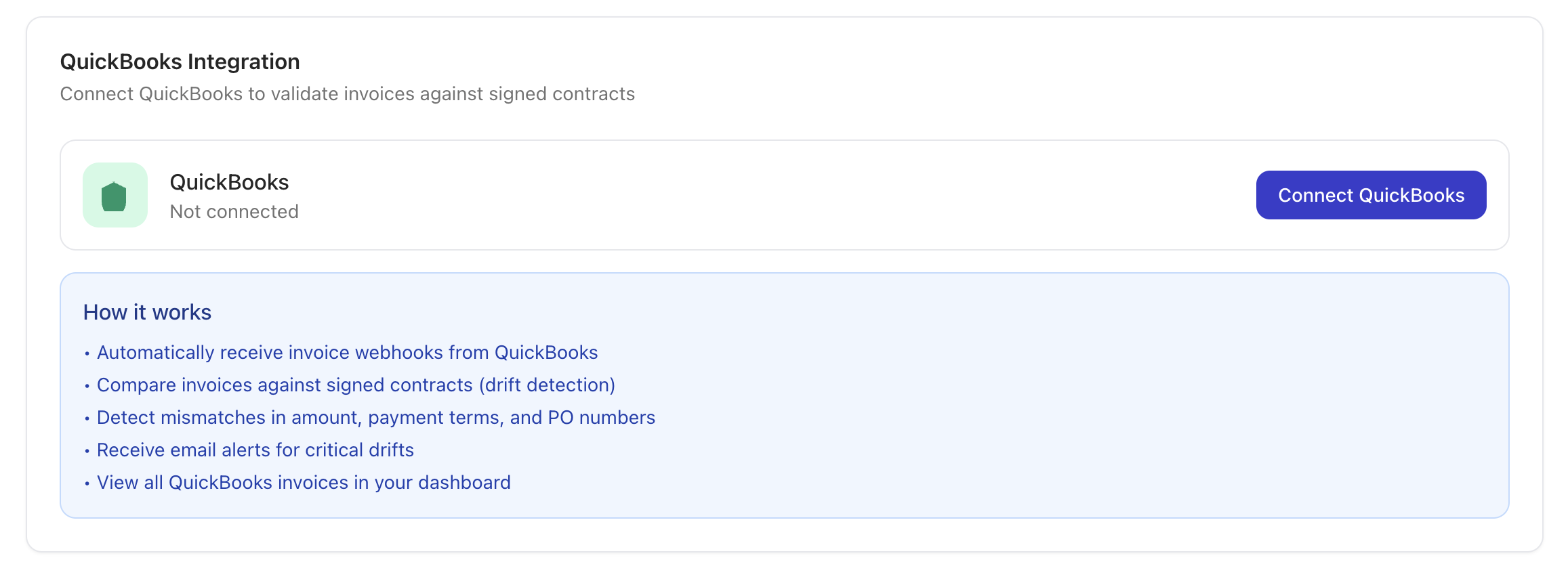 Meshly Settings Integrations tab showing QuickBooks connect option