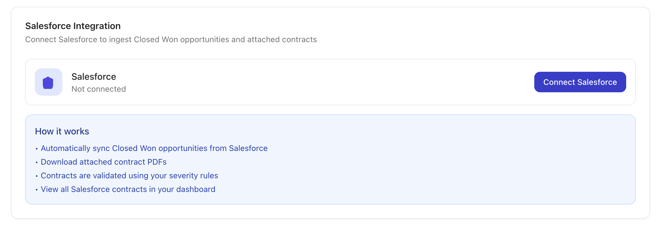 Meshly Settings Integrations tab showing Salesforce connect option